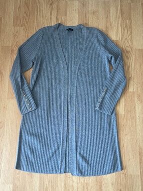 Talbots Gray Ribbed Midi Open Long Sleeve Cardigan with Gold Button Cuffs